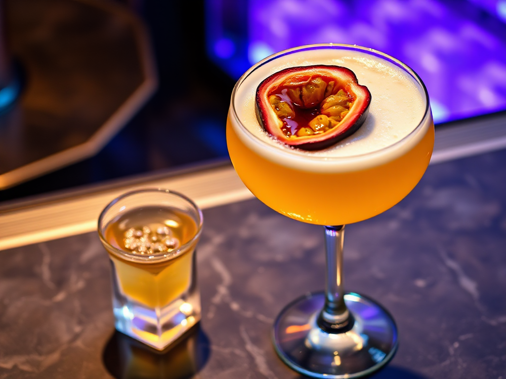 The image shows a vibrant yellow cocktail in a coupe glass.The drink has a frothy, creamy top layer, likely indicating the presence of egg white or a similar ingredient. garnished in the middle with a sliced open passion fruit floating on top. Beside the cocktail stands a small, square-shaped shot glass with bubbling champagne. The background is in a luxury cocktail bar hotel high quality shot is from slightly above