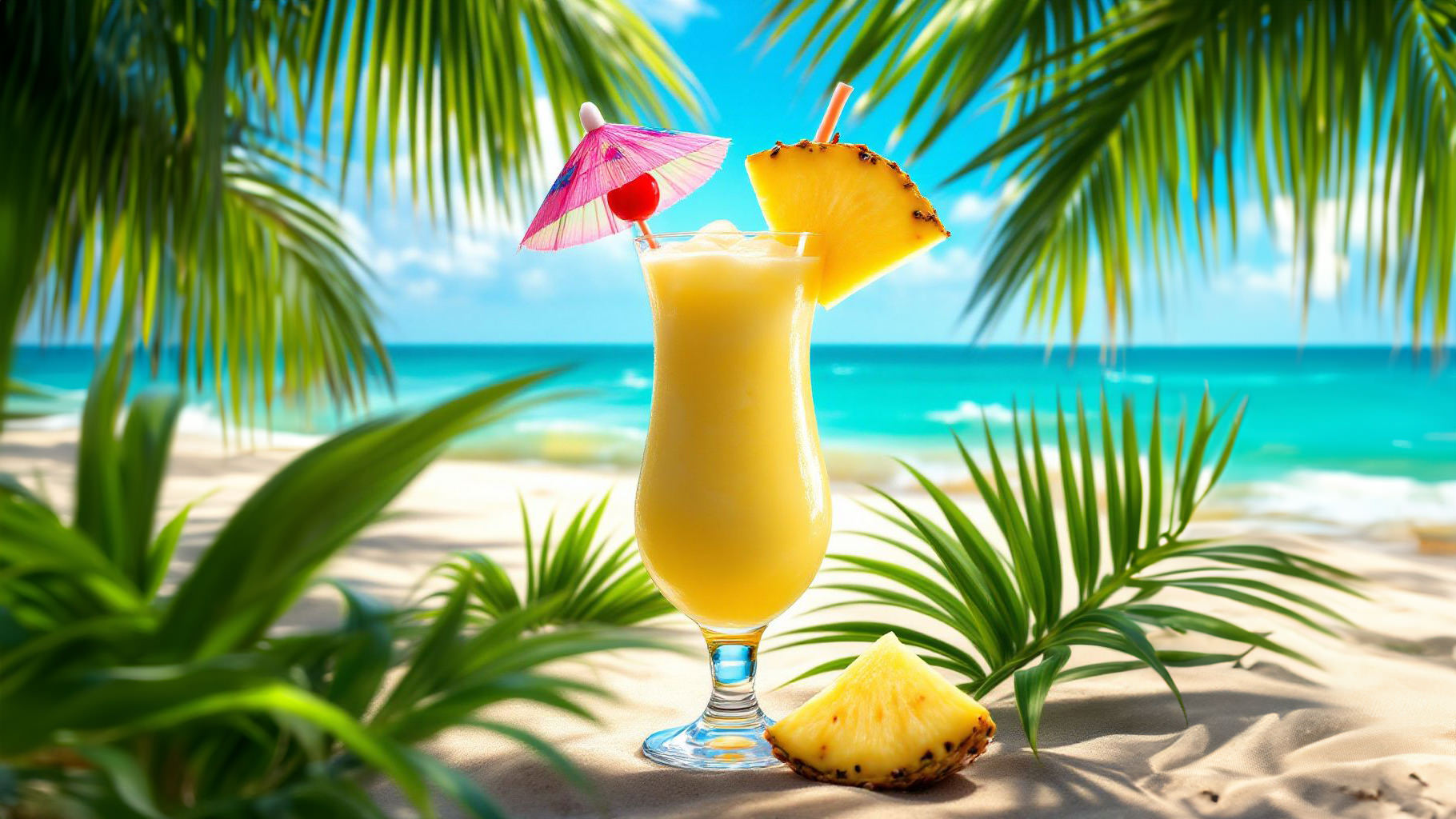 A-tropical-pina-colada-cocktail-on-a-sandy-beach,-garnished-with-pineapple-and-cherry,-under-a-bright-sun