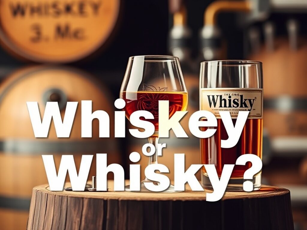 Farbpalette: Verwende warme, einladende Farben wie Gold, Braun und Dunkelgrün, die mit der Whiskey-Industrie assoziiert werden. Bilder: Ein Glas Whiskey oder Whisky, gefüllt mit dem Getränk, das auf einem Holzständer oder am Rand eines Bartresens steht. Im Hintergrund kannst du eine Fässer oder eine Brennerei anspielen. Um den Unterschied zu verdeutlichen, könntest du ein weiteres Glas mit einem Etikett "Whiskey" und eines mit "Whisky" nebeneinander platzieren. Text: In großen, auffälligen Buchstaben den Titel "Whiskey oder Whisky?" einfügen.