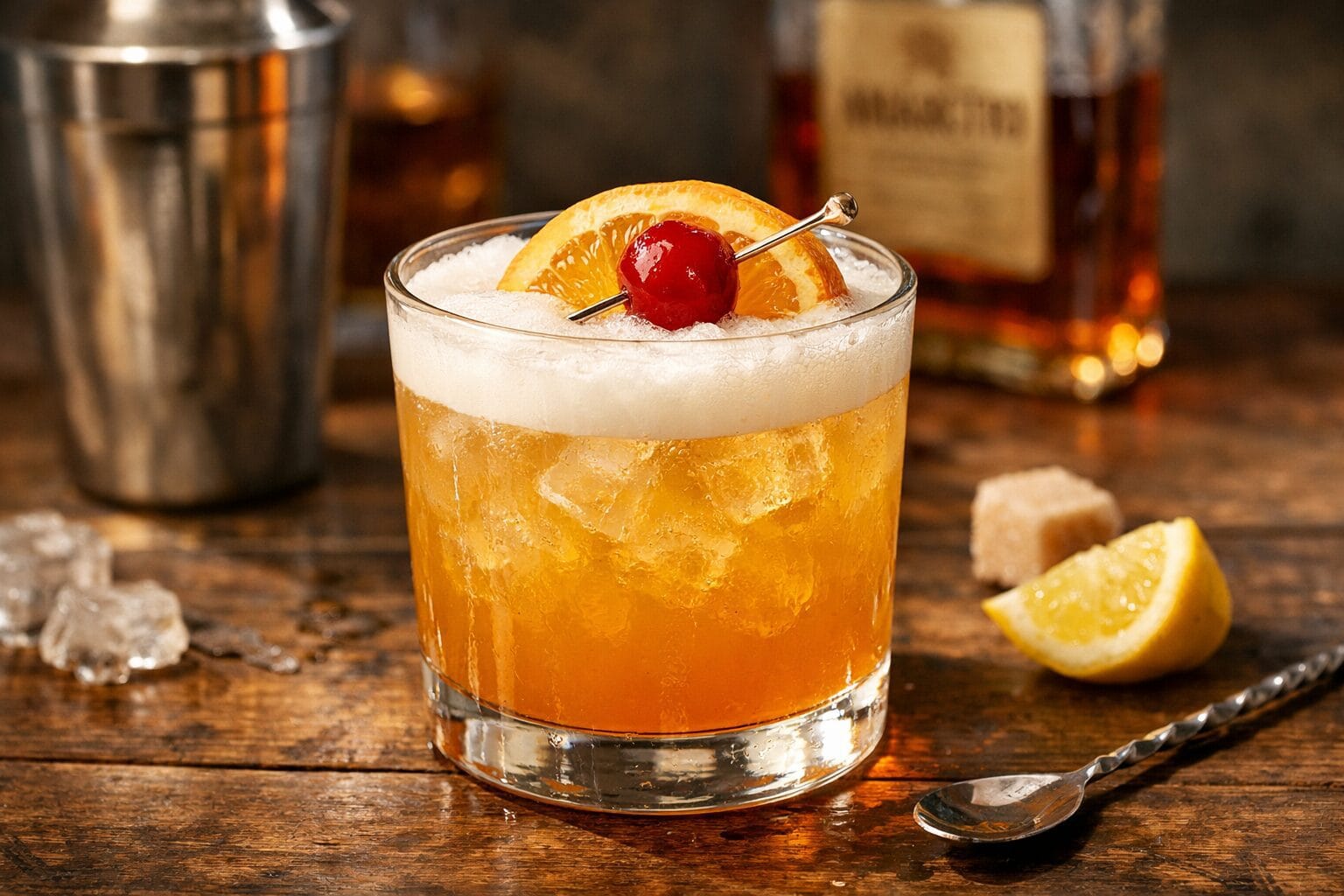 Klassischer Amaretto Sour Cocktail im Tumblerglas mit Eis, cremiger Schaumkrone, Zitronenspalte und Cocktailkirsche auf Holzuntergrund