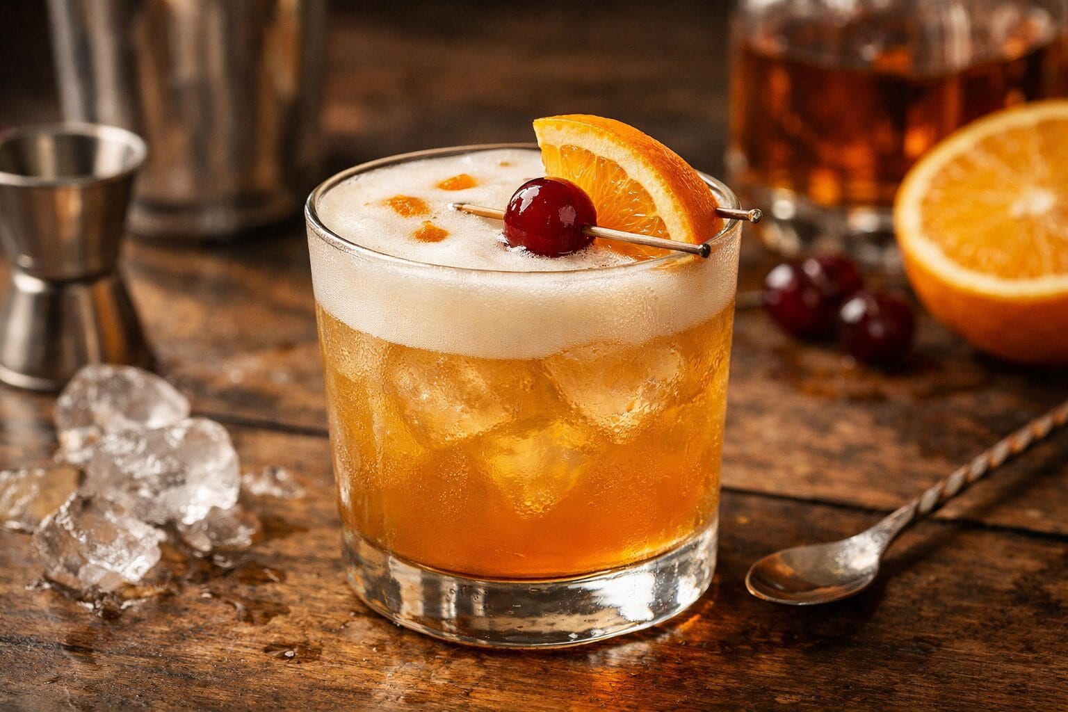 Klassischer Whiskey Sour Cocktail im Tumblerglas mit Eis, cremiger Schaumkrone, Orangenscheibe und Cocktailkirsche auf Holzuntergrund